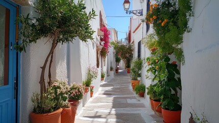 A narrow white alleyway lined with potted plants and greenery