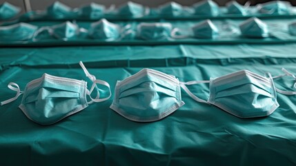 Surgical masks and gowns arranged neatly on prep table before operation