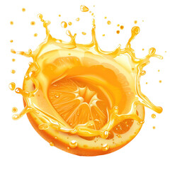 Fresh Orange Slice Splashing in Bright Juicy Liquid with Energetic Water Droplets and Vibrant Citrus Colors, isolated transparent background