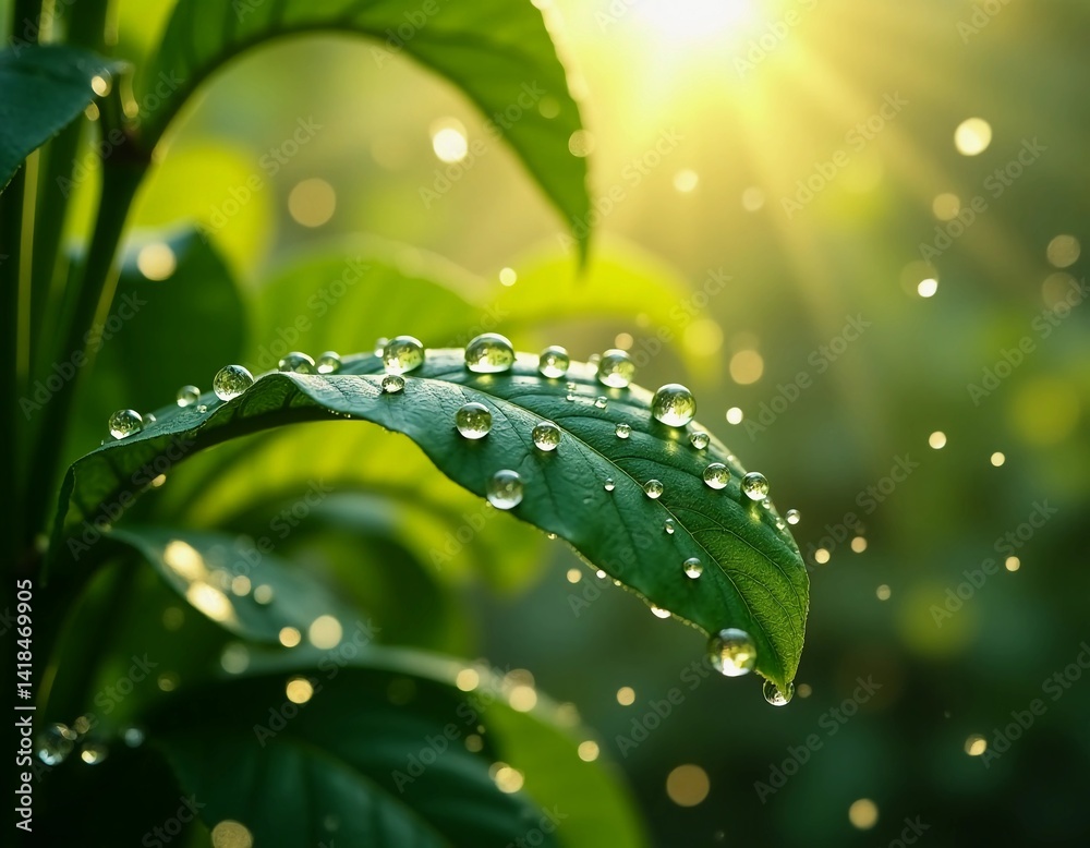 Poster fresh droplets of dew cling to vibrant green leaves, capturing the soft morning light in a tranquil 