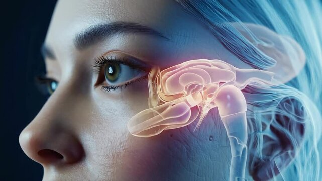 Detailed anatomical visualization of paranasal sinuses near the eye of an adult female for medical examination or study