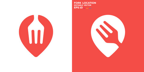 Obraz premium Fork and map pin logo. Location, restaurant, food. Vector icon symbol design template EPS 10.