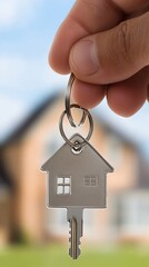 House-Shaped Key Held by Hand with Blurred House Background