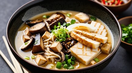 Bowl of delicious ramen with tofu, egg, mushrooms, and greens in rich broth, garnished with sesame seeds and cilantro, offering a mouthwatering culinary delight