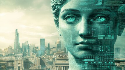Ancient statue with digital overlay stands before a city skyline