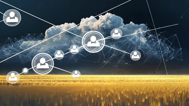 Abstract networking concept above a golden wheat field connecting people, cloud and data