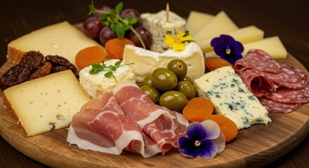 Cheese board with various cheeses dried fruit olives and meat on wood.