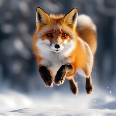 Obraz premium Red fox leaping in snowy winter scene