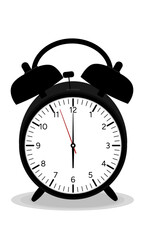 Black bell alarm clock at 6 o'clock. Vector Illustration.