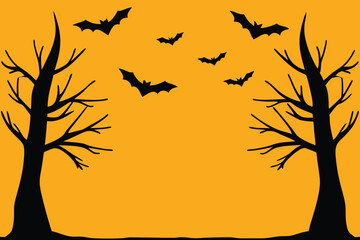 Spooky Halloween Night Background with Bats and Trees
