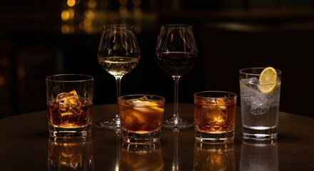 Several glasses with different alcoholic drinks stand on a reflective surface.
