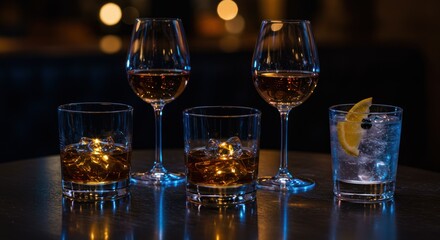 Several glasses containing alcoholic beverages are arranged on a surface with bokeh background.