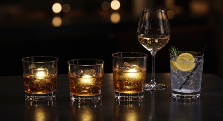 Several glasses containing beverages are arranged on a dark surface with bokeh lights.