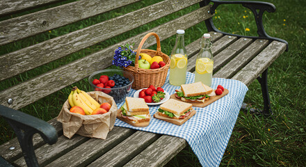 Idyllic Summer Picnic On A Rustic Bench In A Green Meadow
