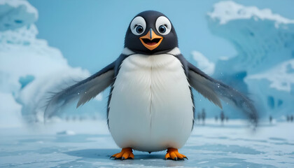 Penguin Spreading Wings on Ice in Antarctica Winter Landscape