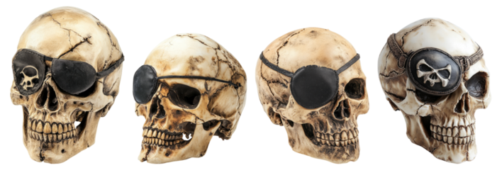 Skull Decorations with Eye Patches for Halloween or Pirate Theme, Isolated on Transparent Background