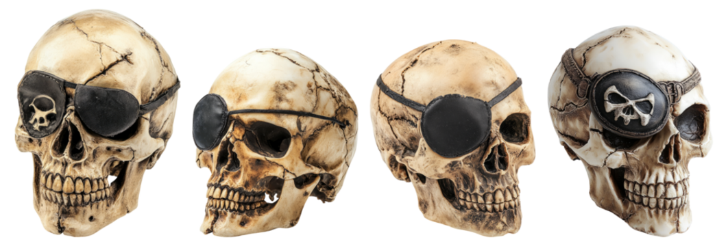 Skull Decorations with Eye Patches for Halloween or Pirate Theme, Isolated on Transparent Background