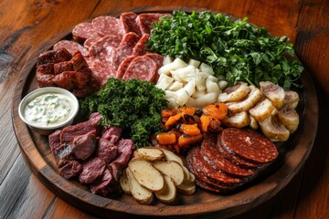 Hamburger on wood plate with all fresh Ingredients.