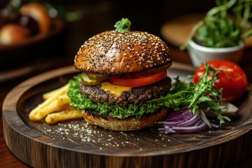 Hamburger on wood plate with all fresh Ingredients.