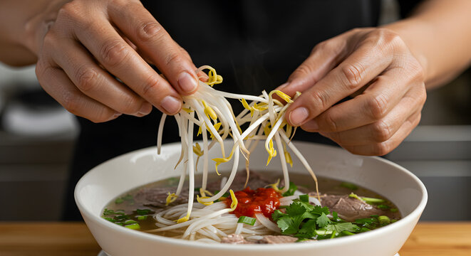 Preparing Traditional Vietnamese Pho With Fresh Bean Sprouts And Herbs