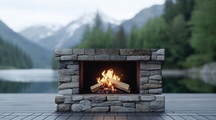 Outdoor stone fireplace by a serene lake
