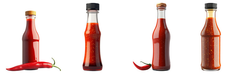 Assorted Bottles of Hot Sauce with Fresh Red Chili Peppers, Isolated on Transparent Background