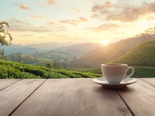 Sunrise Tea Plantation View with Coffee Cup on Wooden Table