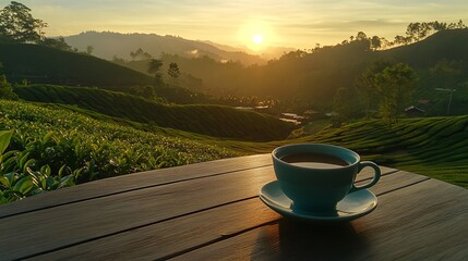 Sunrise Tea Plantation View with Teacup