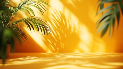 Bright yellow background with palm leaves casting shadows creates a sunny, tropical mood. Perfect for product displays or summer themed designs.