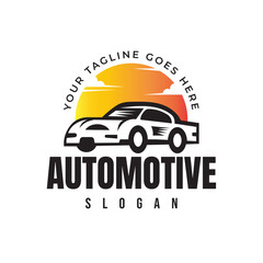 Vector logo design featuring a sporty car silhouette with a stylized sunset background. Ideal for automotive businesses, car repair shops, garages, auto detailing services