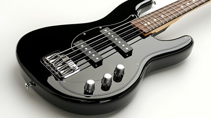Fototapeta premium Black electric bass guitar on white background.