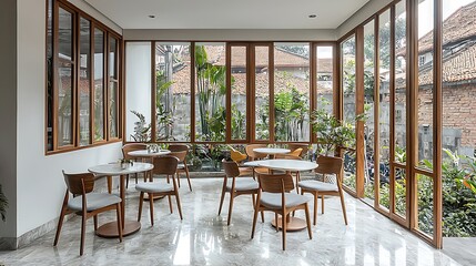 Obraz premium Modern cafe interior with large windows, wooden frames, and marble floor.