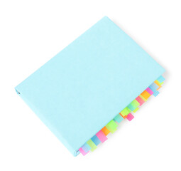 Book with colorful tabs isolated on white, top view