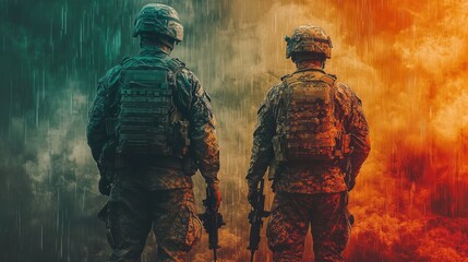 Fototapeta premium Two soldiers stand back to back in a storm