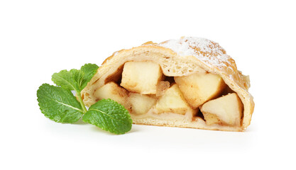 Piece of tasty apple strudel with powdered sugar and mint isolated on white