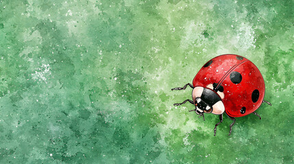 Ladybug on green leaf, nature background, spring, card design