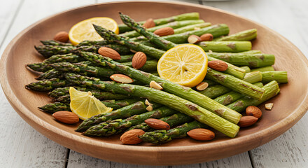 Roasted Asparagus With Lemon And Almonds In A Wooden Bowl Top View