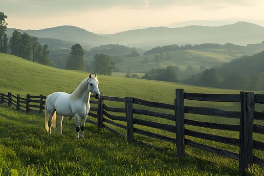 A white horse stands peacefully by a wooden fence in a green field with mountains in the distance