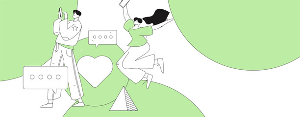 Virtual characters social communication concept business flat vector hand drawn illustration
