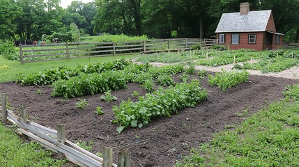 Historic garden with rows of vegetables and a small red house.