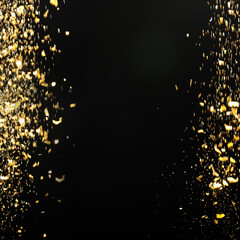 Sparkling golden glitter on black background, bokeh. Abstract festive backdrop. Space for text