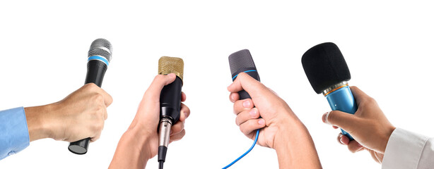 Journalists with microphones on white background, closeup
