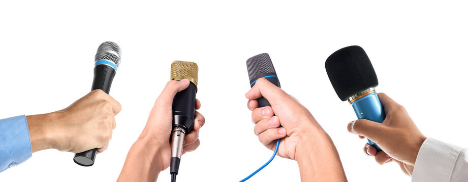 Journalists with microphones on white background, closeup