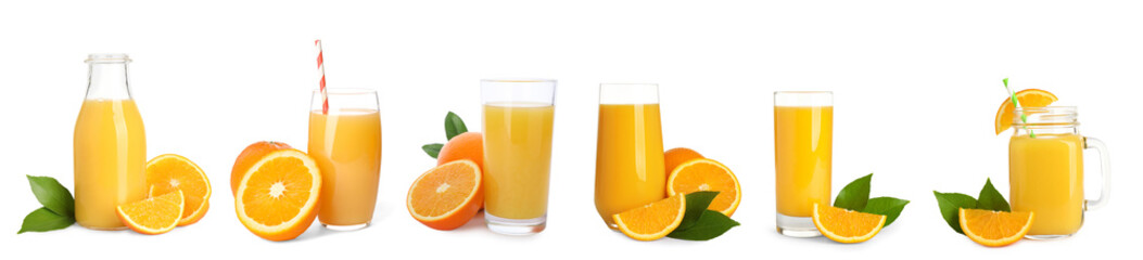 Tasty orange juice and fresh fruits on white background, set