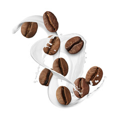 Aromatic coffee beans and splashes of fresh milk in air on white background