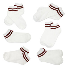 White socks with brown stripes isolated in white, set. Top view