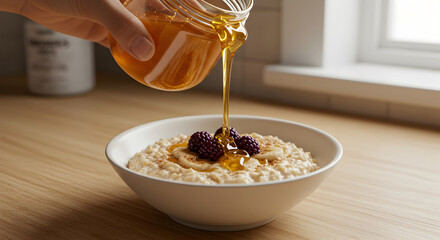 Adding Sweetness To Oatmeal Breakfast With Honey And Fresh Blackberries