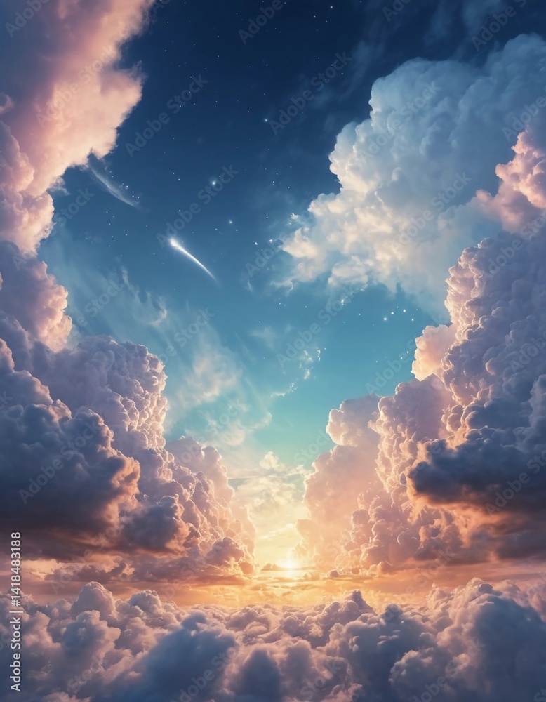 Poster Breathtaking clouds reflect warm hues as the sun sets on the horizon, while a shooting star streaks through the tranquil twilight sky, enchanting the atmosphere Generative AI