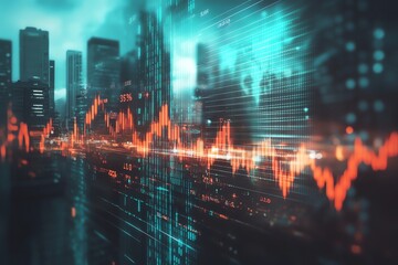 City Skyline with Financial Data Overlay at Night