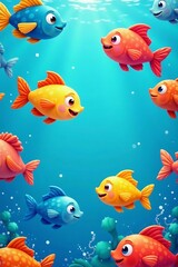 Fototapeta premium - Colorful cartoon fish in blue sea background seamless pattern, ocean, aquatic, sea life